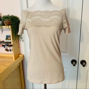💥 5/$25 Off Shoulder Lace Detail Nude T-Shirt